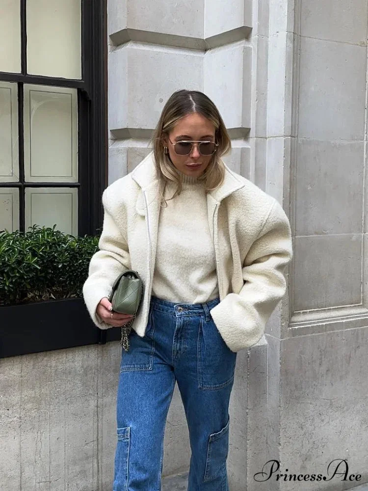 Women's Ivory Lamb Wool Zipper Jacket - Image 2