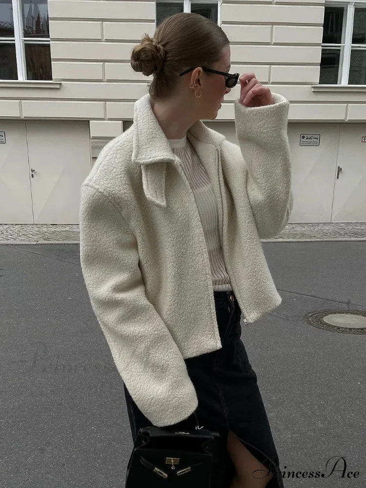 Women's Ivory Lamb Wool Zipper Jacket - Image 3