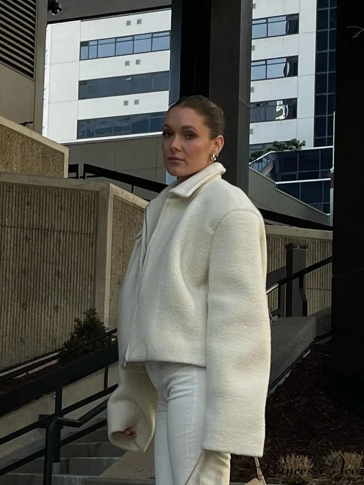 Women's Ivory Lamb Wool Zipper Jacket - Image 4