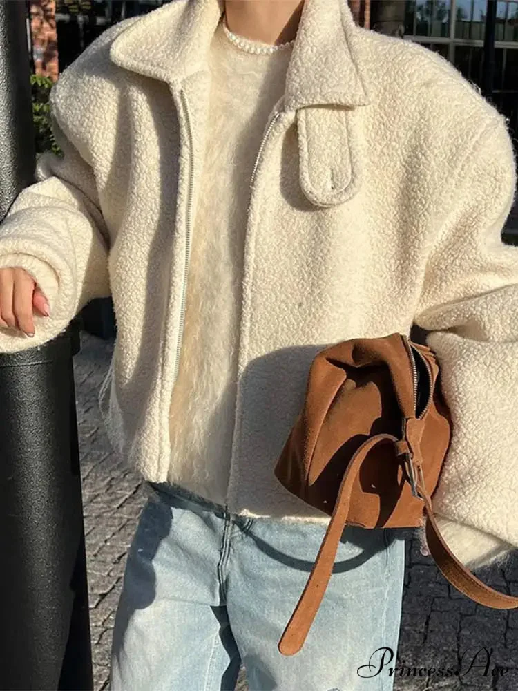 Women's Ivory Lamb Wool Zipper Jacket - Image 6