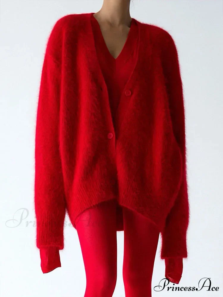 Wool Baggy V-neck Extended Sleeve Cardigan - Image 11