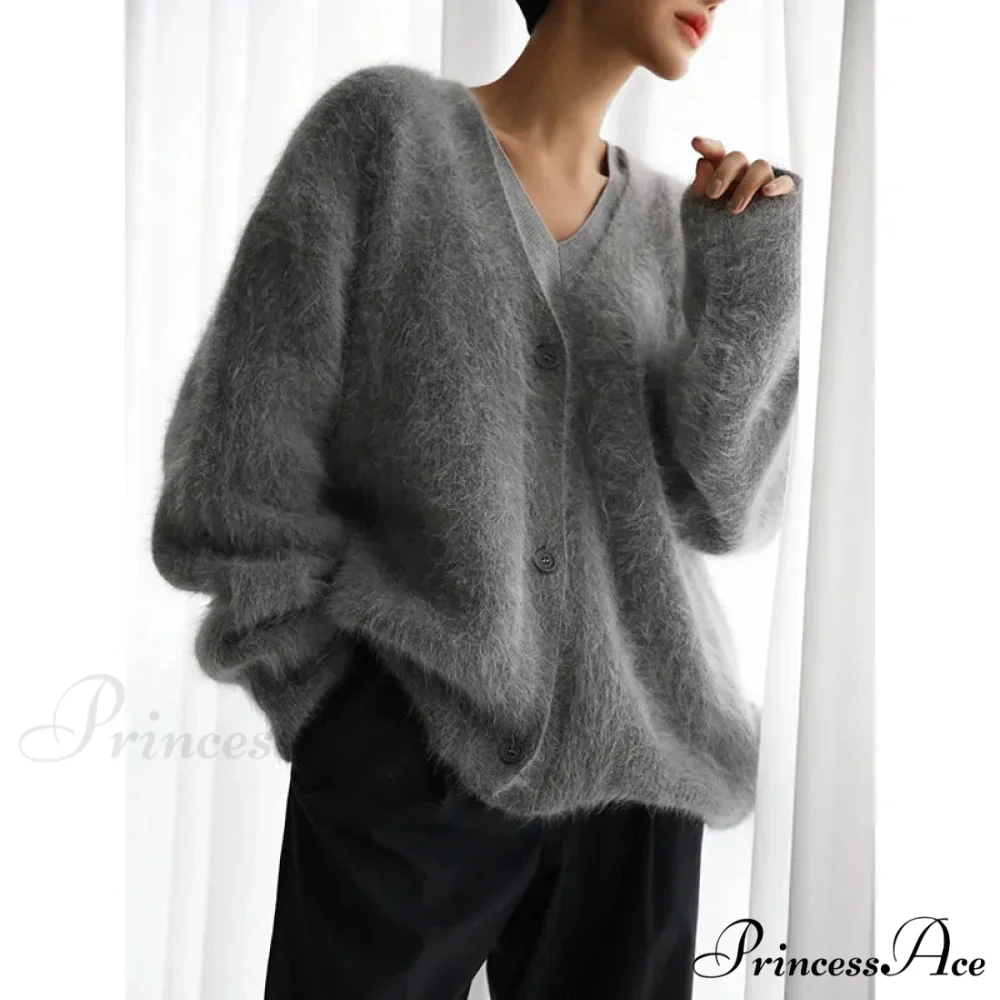 Wool Baggy V-neck Extended Sleeve Cardigan - Image 5