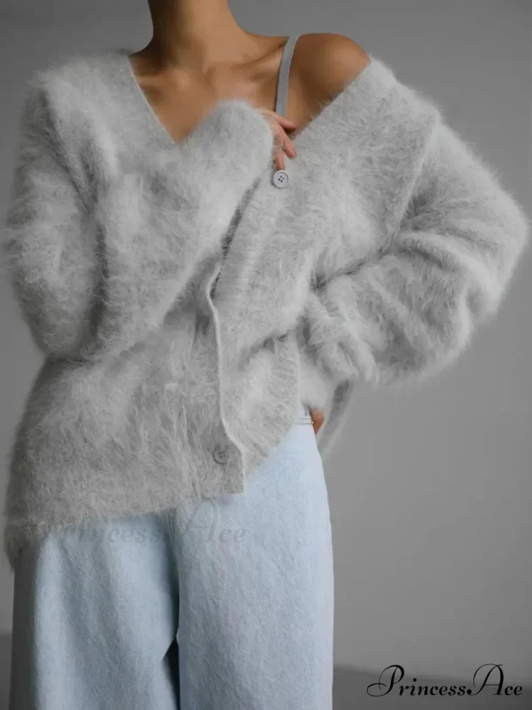 Wool Baggy V-neck Extended Sleeve Cardigan - Image 9
