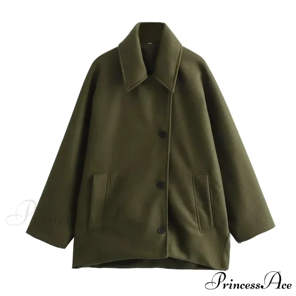 Wool Mix Olive Long Sleeve Overcoat - Image 3