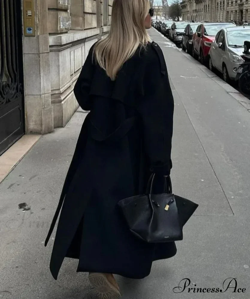 Woolen Sheepskin Patchwork Leather Belted Overcoat - Image 2