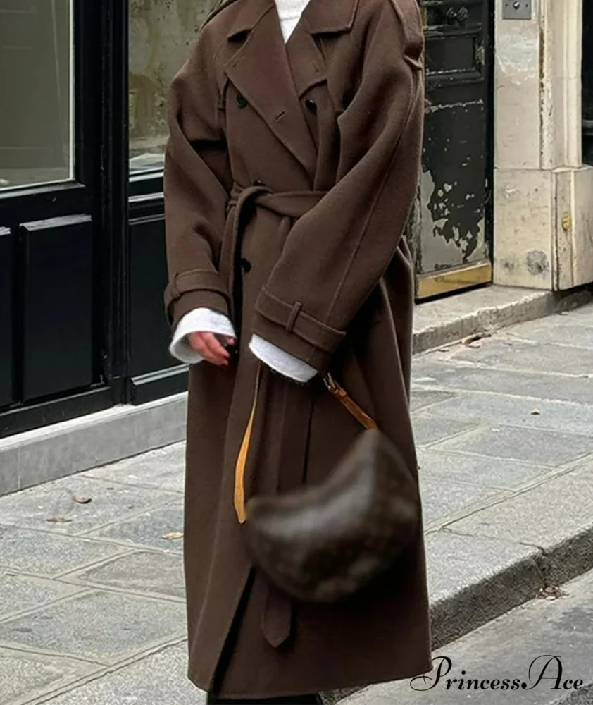 Woolen Sheepskin Patchwork Leather Belted Overcoat - Image 3