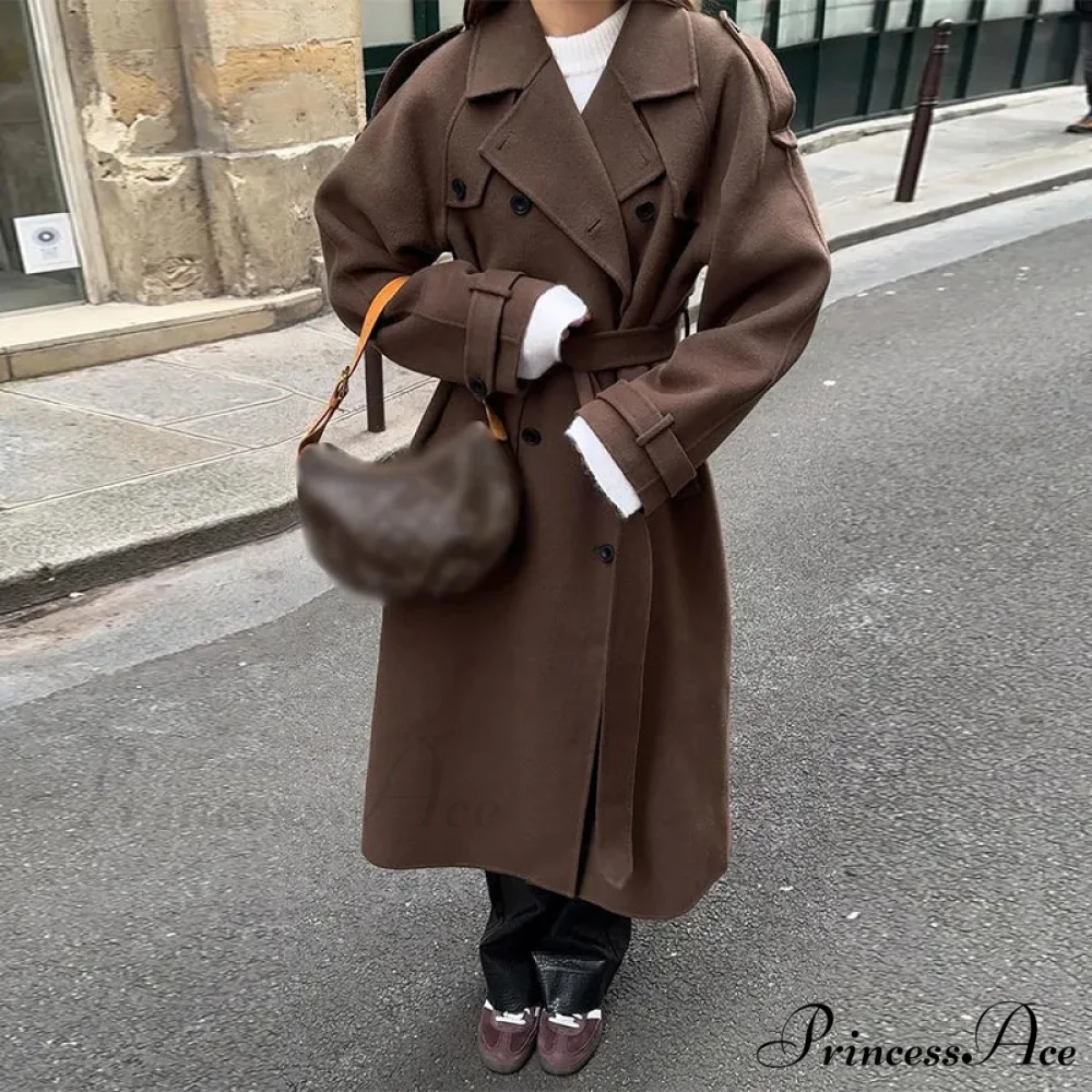Woolen Sheepskin Patchwork Leather Belted Overcoat - Image 5