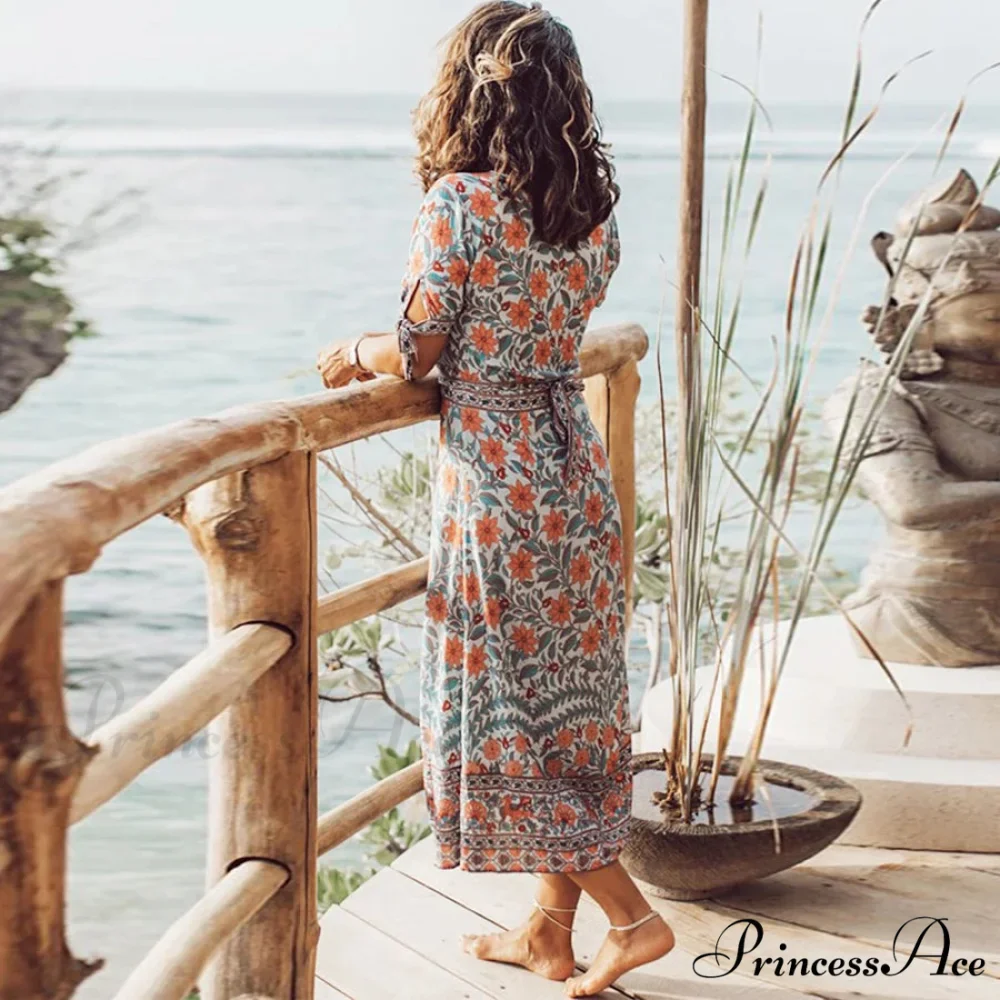 Wrap Golden Floral Bohemian Dress - Image 3