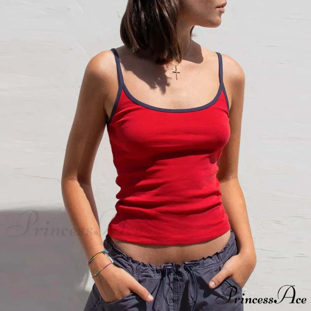 Y2K Adorable Contrast Trim Spaghetti Strap Retro Aesthetic Cottage Crop Top - Image 2