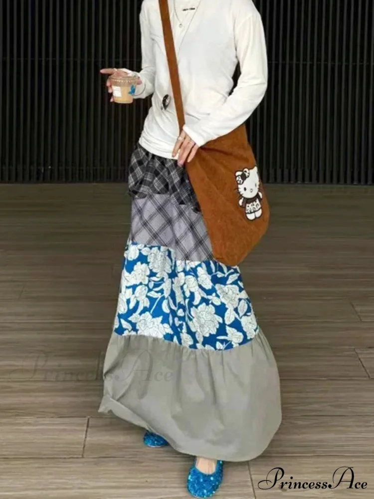 Y2K Azure Floral Patch Full Skirt Customized Big Pocket Skirt - Image 2