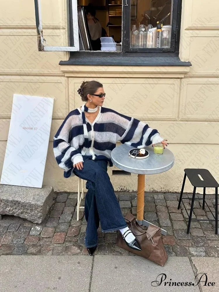 Y2K Banded Relaxed Cardigan Sweater - Image 2