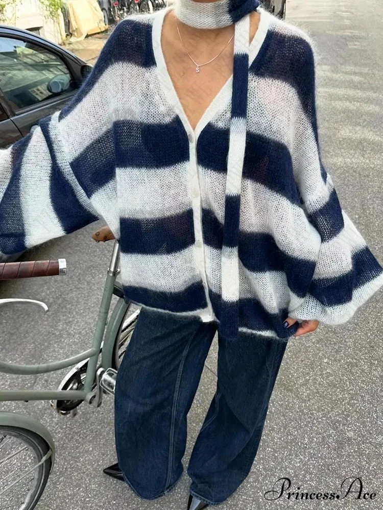 Y2K Banded Relaxed Cardigan Sweater - Image 5