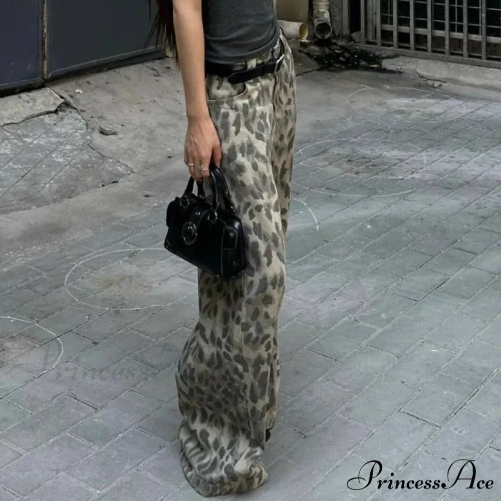 Y2K Cleaned Leopard Print Wide Leg Denim Trousers - Image 2