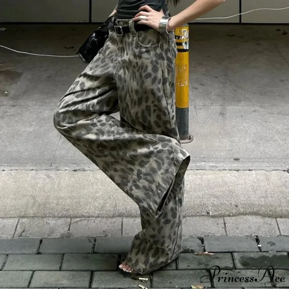 Y2K Cleaned Leopard Print Wide Leg Denim Trousers - Image 3