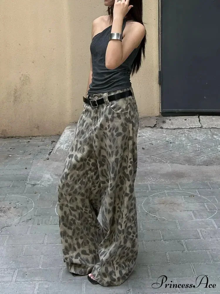 Y2K Cleaned Leopard Print Wide Leg Denim Trousers - Image 6