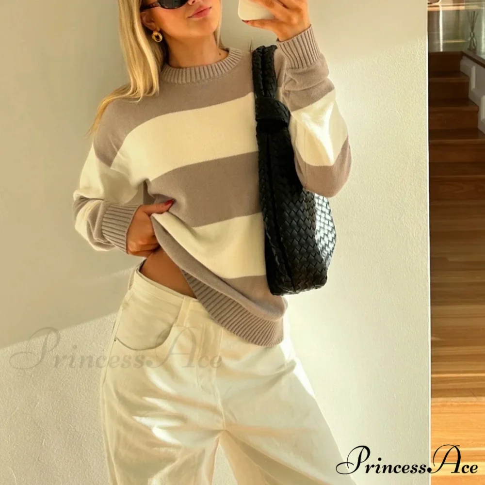 Y2K Fall Baggy Fit Stripe Print Color Block Knit Top - Image 3