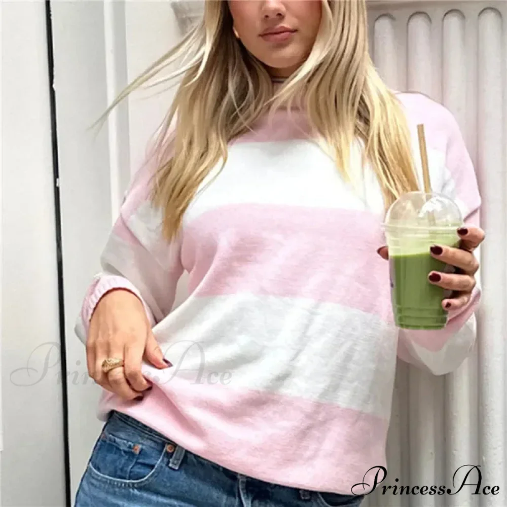 Y2K Fall Baggy Fit Stripe Print Color Block Knit Top - Image 7