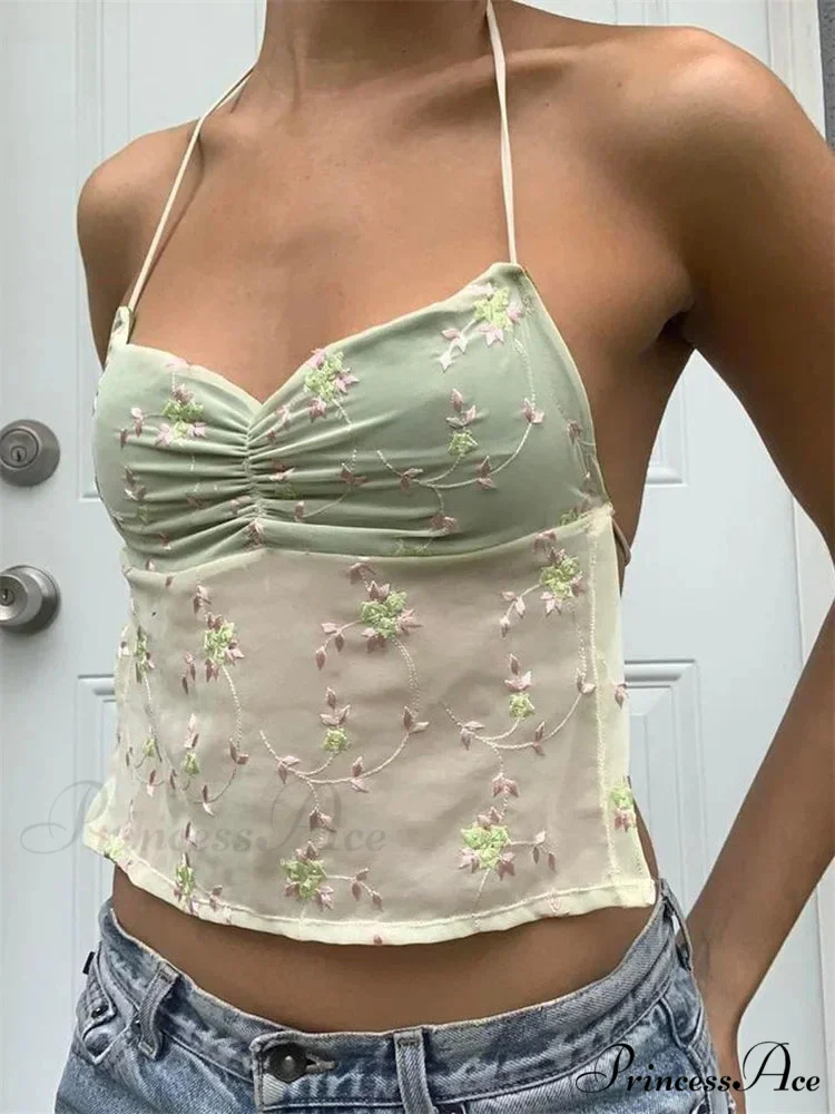 Y2K Flowery Open-back Lace-up Halter Crop Top - Image 7