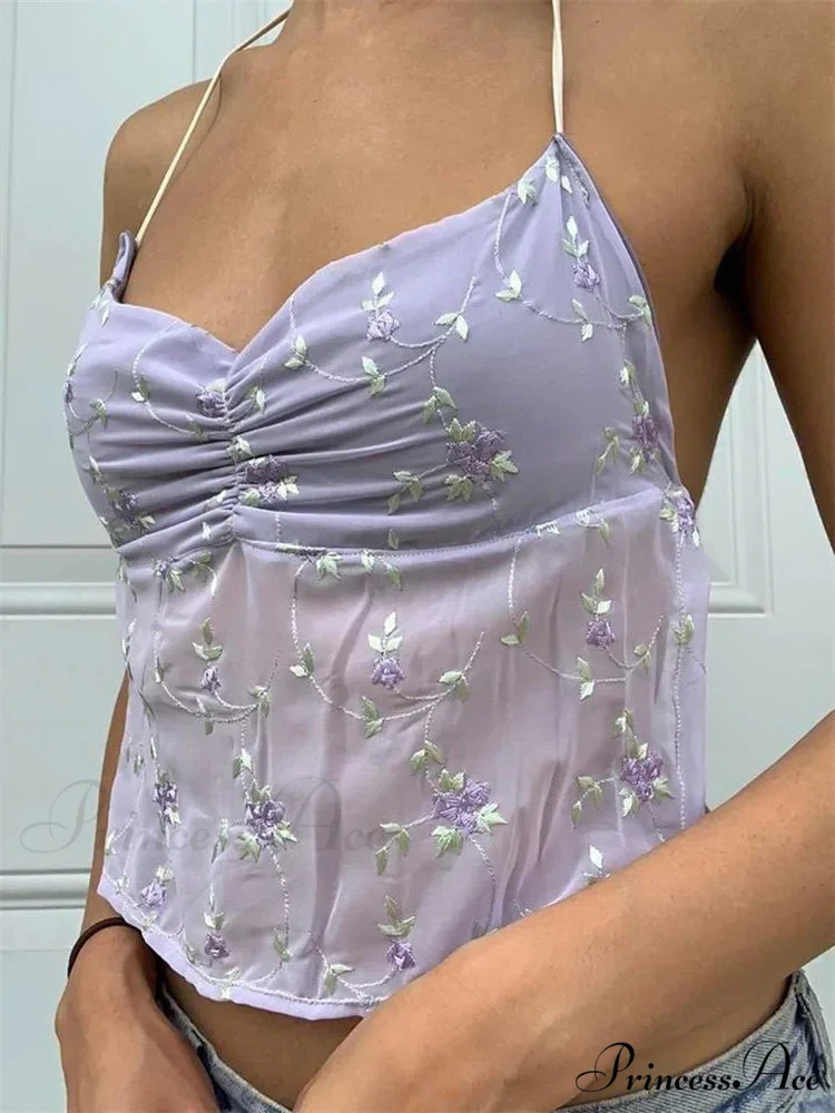Y2K Flowery Open-back Lace-up Halter Crop Top - Image 8