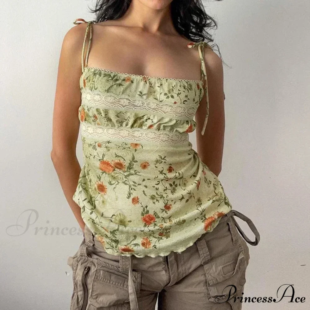 Y2K Flowery Print Contrast Lace Patchwork Lace-up Flirtatious Grunge Crop Top - Image 2