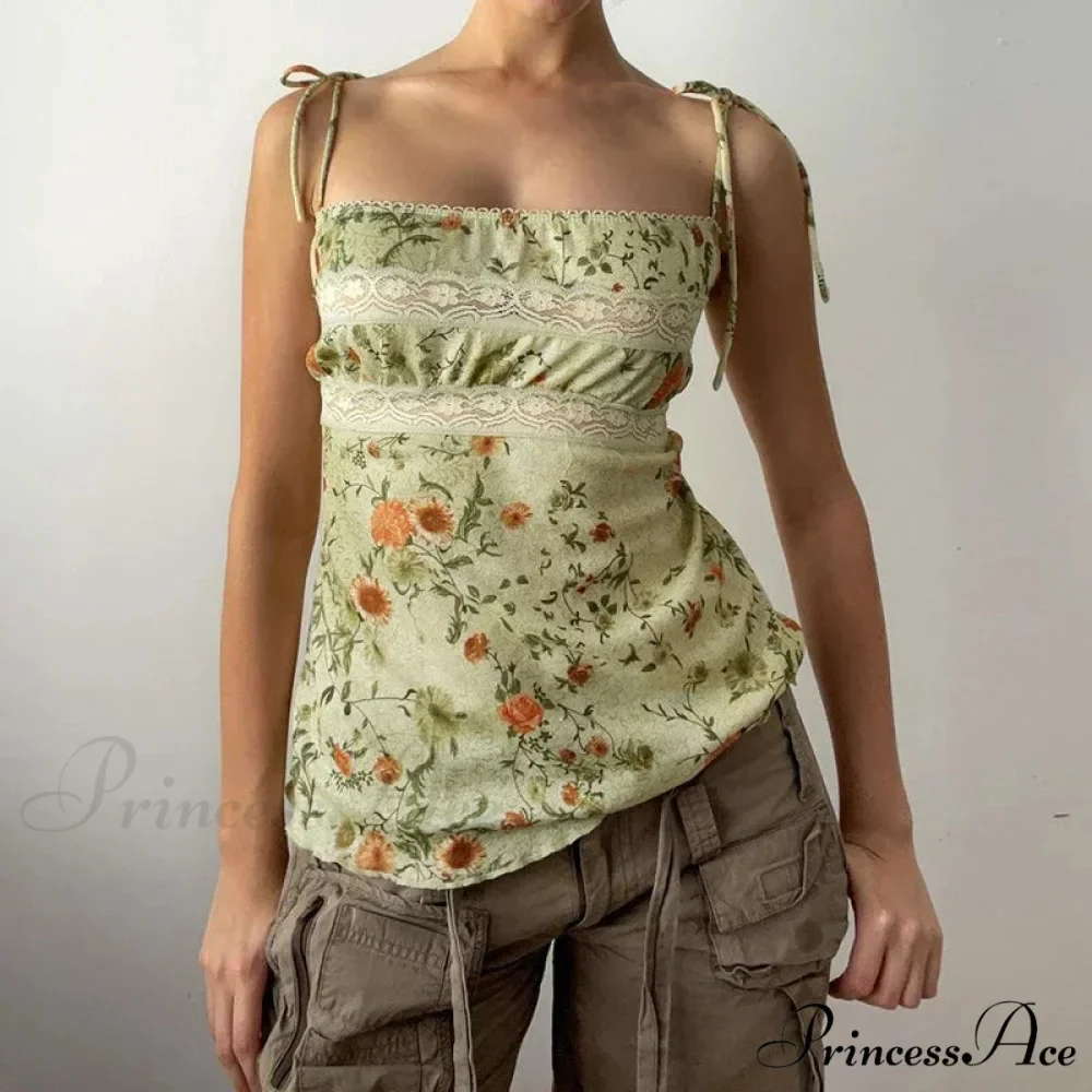 Y2K Flowery Print Contrast Lace Patchwork Lace-up Flirtatious Grunge Crop Top - Image 3