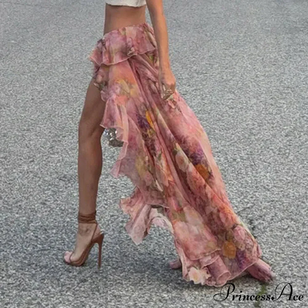 Y2K Flowery Printed Lower Waist Lace Vacation Skirt - Image 2