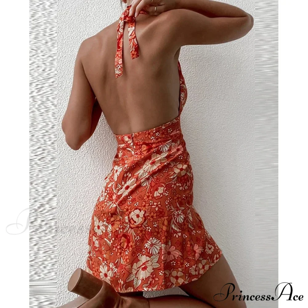 Y2K Flowery Sleeveless Halter Neck Backless Floral Dress - Image 2