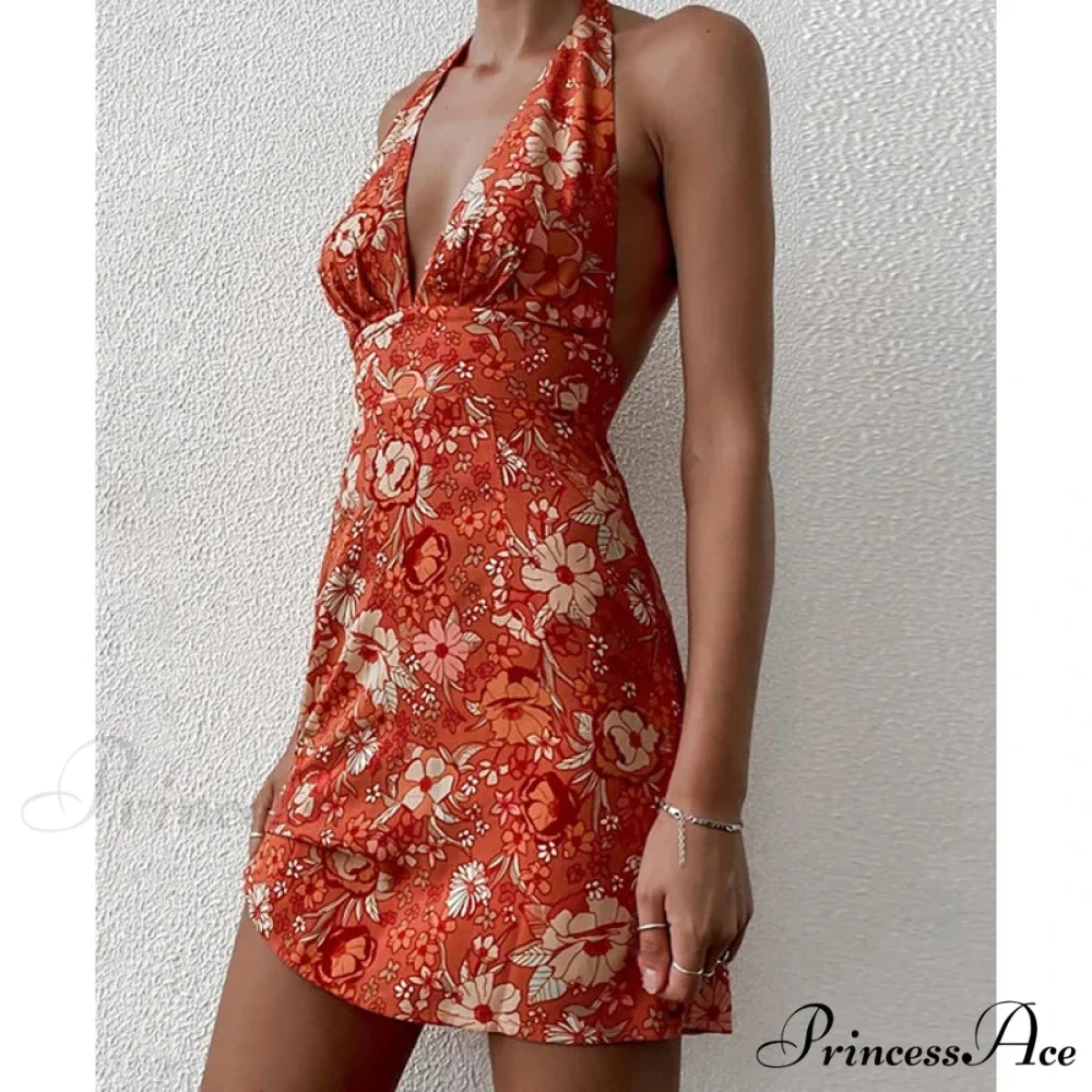 Y2K Flowery Sleeveless Halter Neck Backless Floral Dress - Image 3