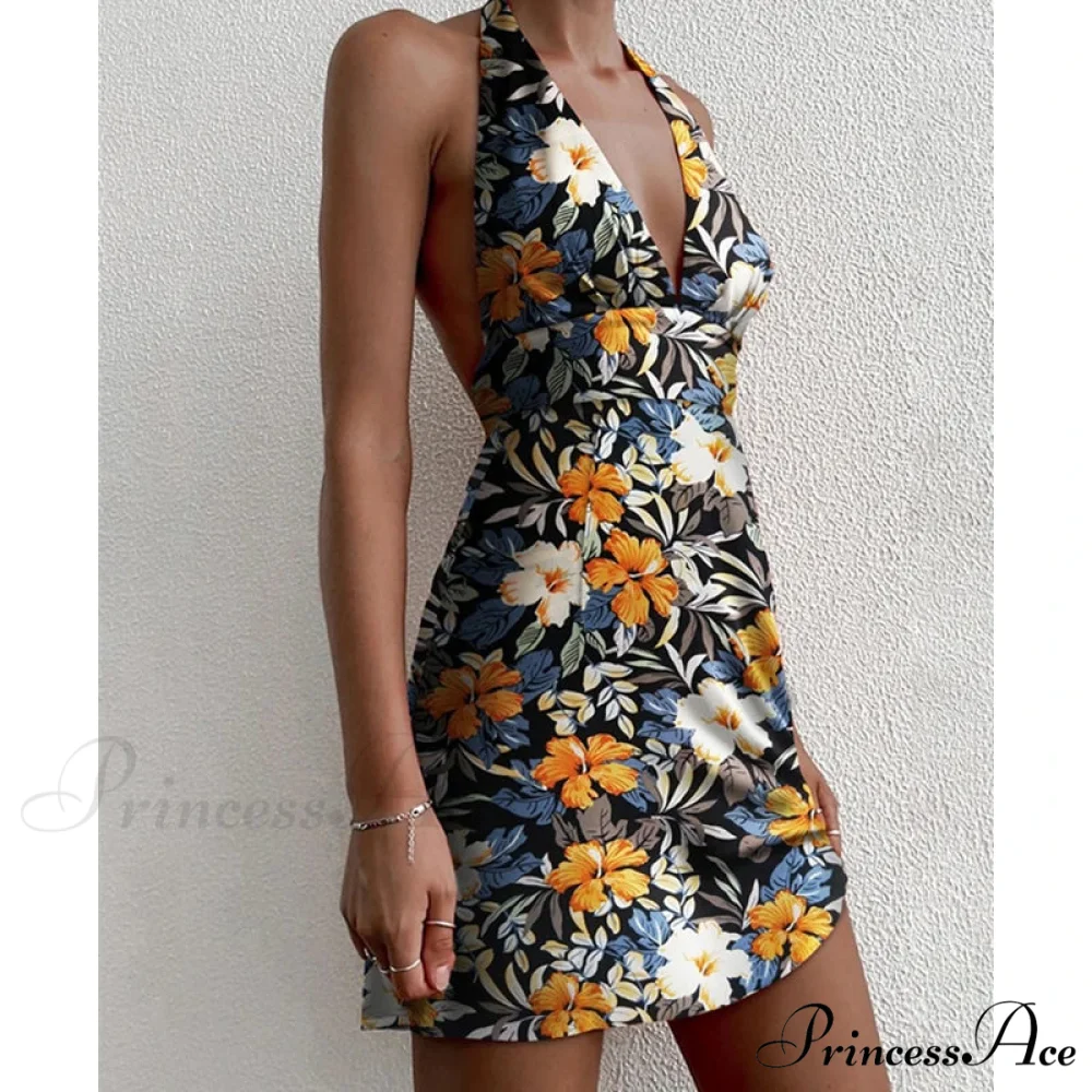 Y2K Flowery Sleeveless Halter Neck Backless Floral Dress - Image 7