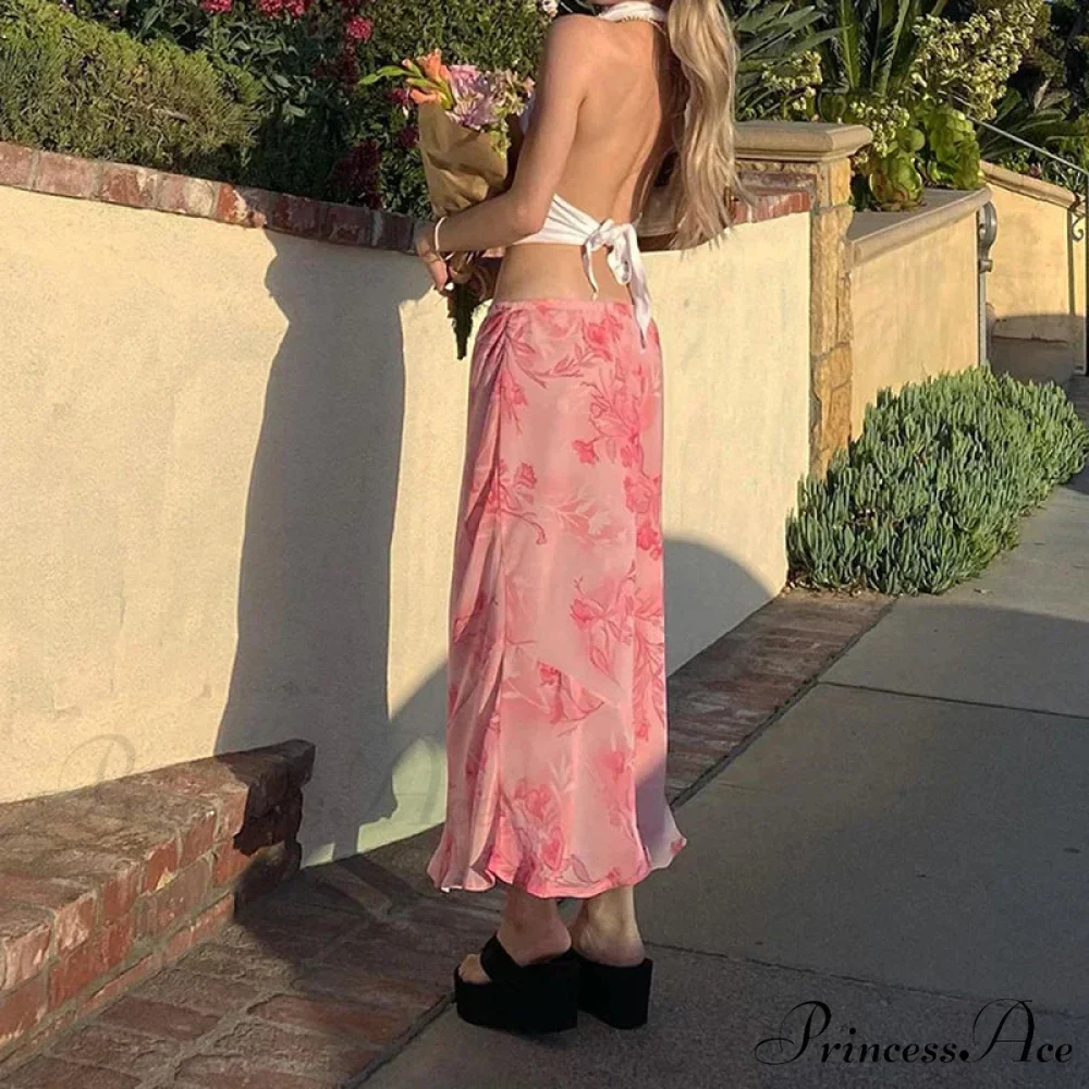 Y2K Flowery Straight Leg Baggy Trimmed Low Waist Summer Skirt - Image 2