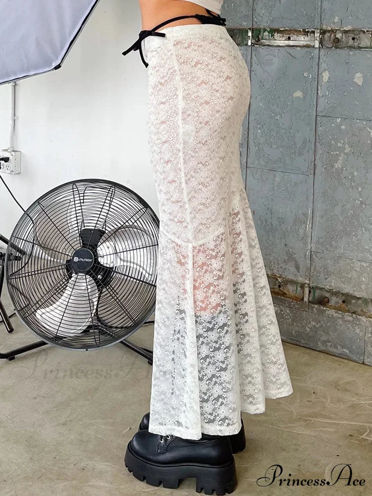 Y2K Grunge Lace Mesh Transparent Bow Tie Extended Skirt - Image 2