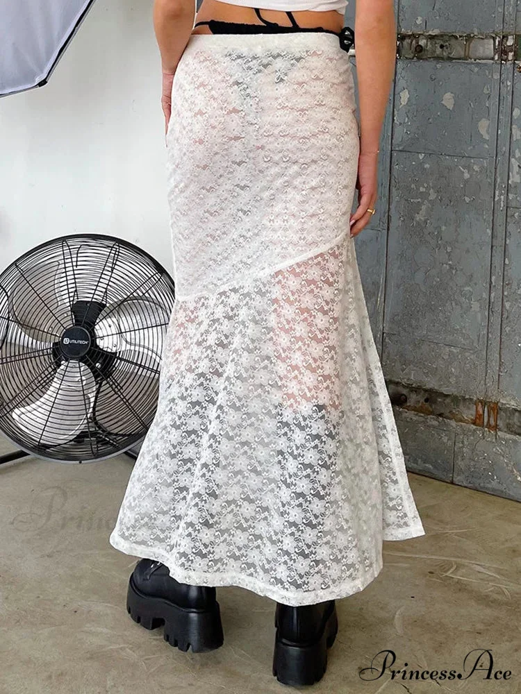 Y2K Grunge Lace Mesh Transparent Bow Tie Extended Skirt - Image 3