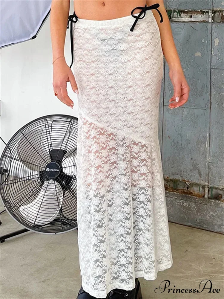 Y2K Grunge Lace Mesh Transparent Bow Tie Extended Skirt - Image 4
