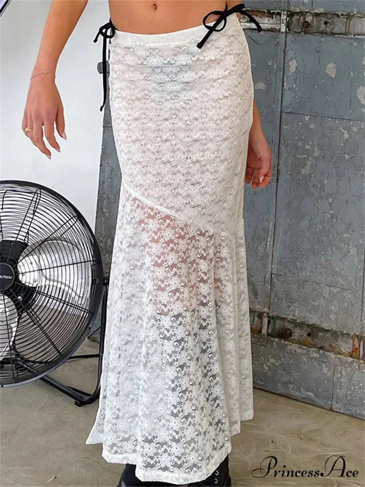 Y2K Grunge Lace Mesh Transparent Bow Tie Extended Skirt - Image 5