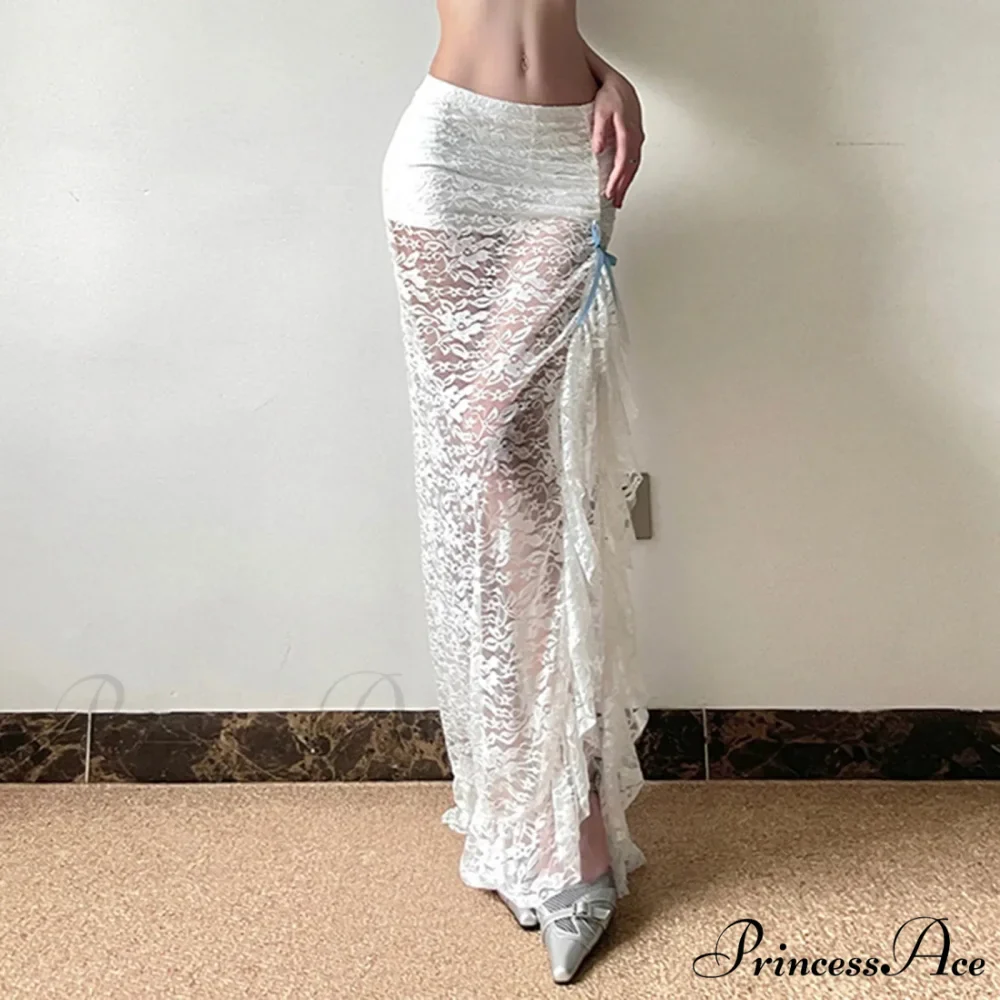 Y2K Ivory Bohemian Floral Lace Lower Waist Maxi Skirt - Image 2