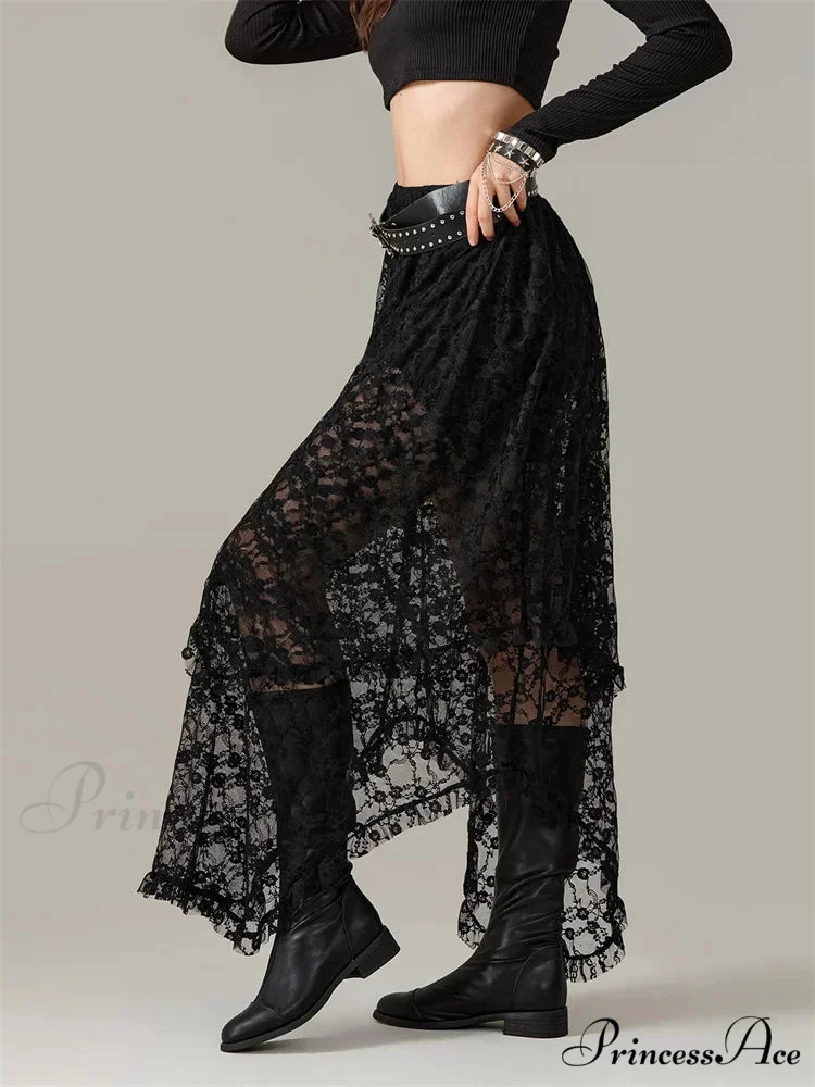 Y2K Lace Mesh Transparent High Waist Uneven Skirt - Image 3