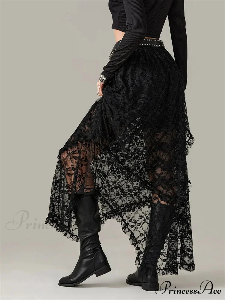 Y2K Lace Mesh Transparent High Waist Uneven Skirt - Image 4