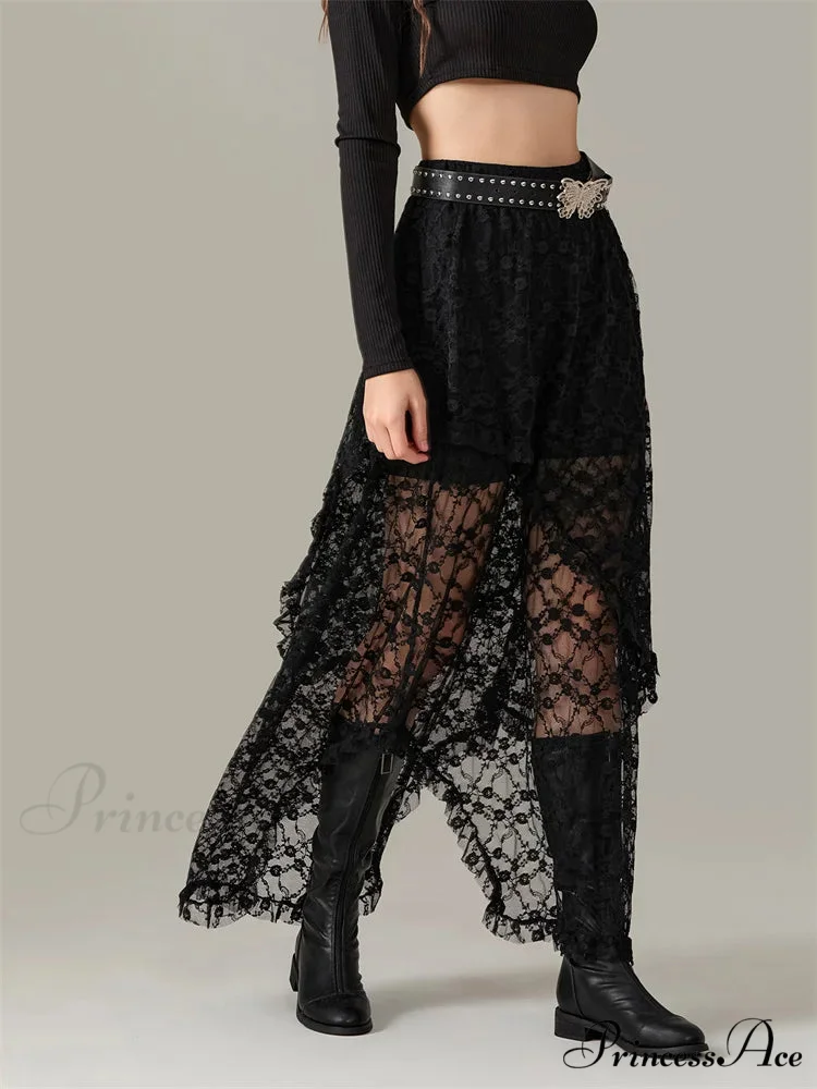 Y2K Lace Mesh Transparent High Waist Uneven Skirt - Image 5