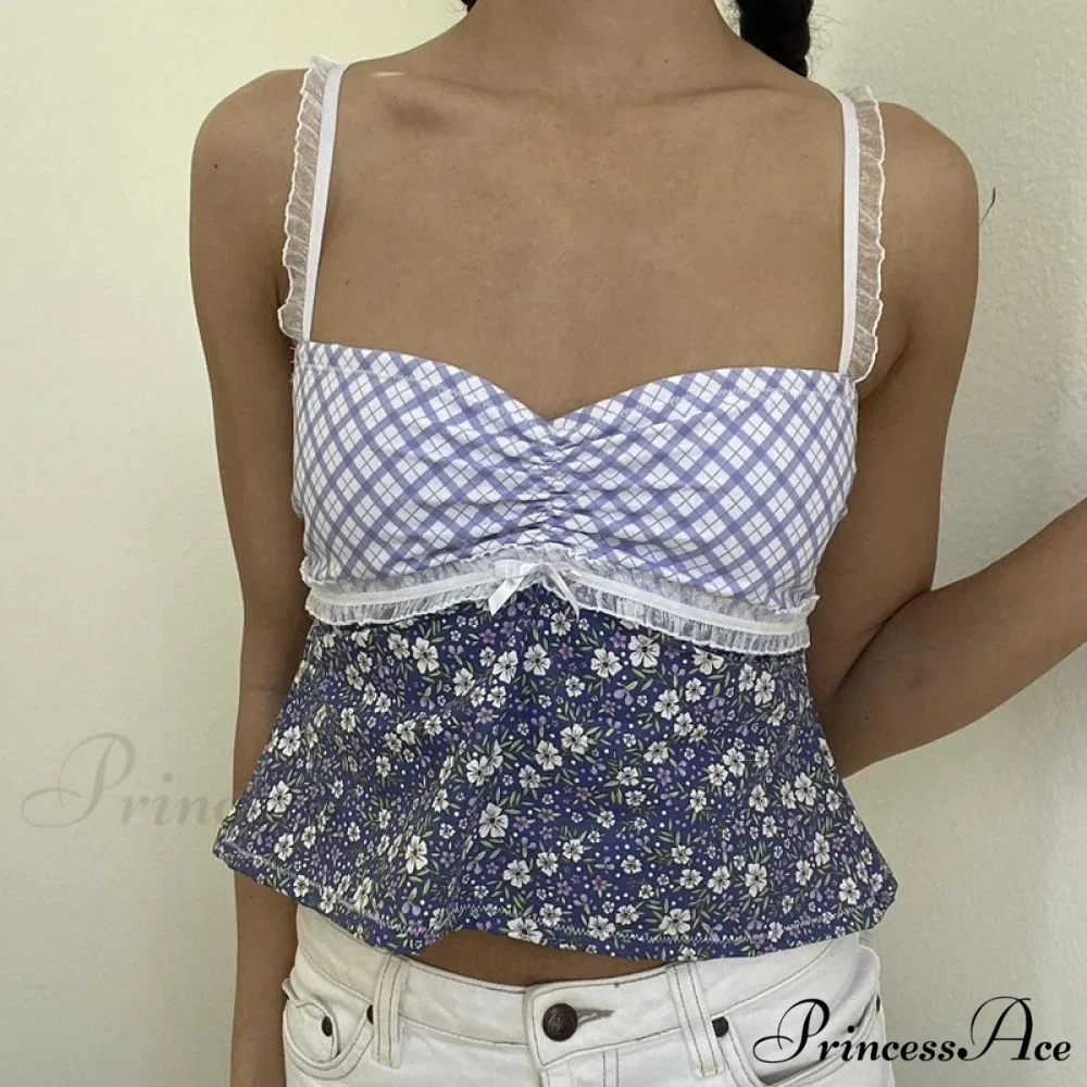 Y2K Lace Trim Checkered Floral Sleeveless Crop Top - Image 2