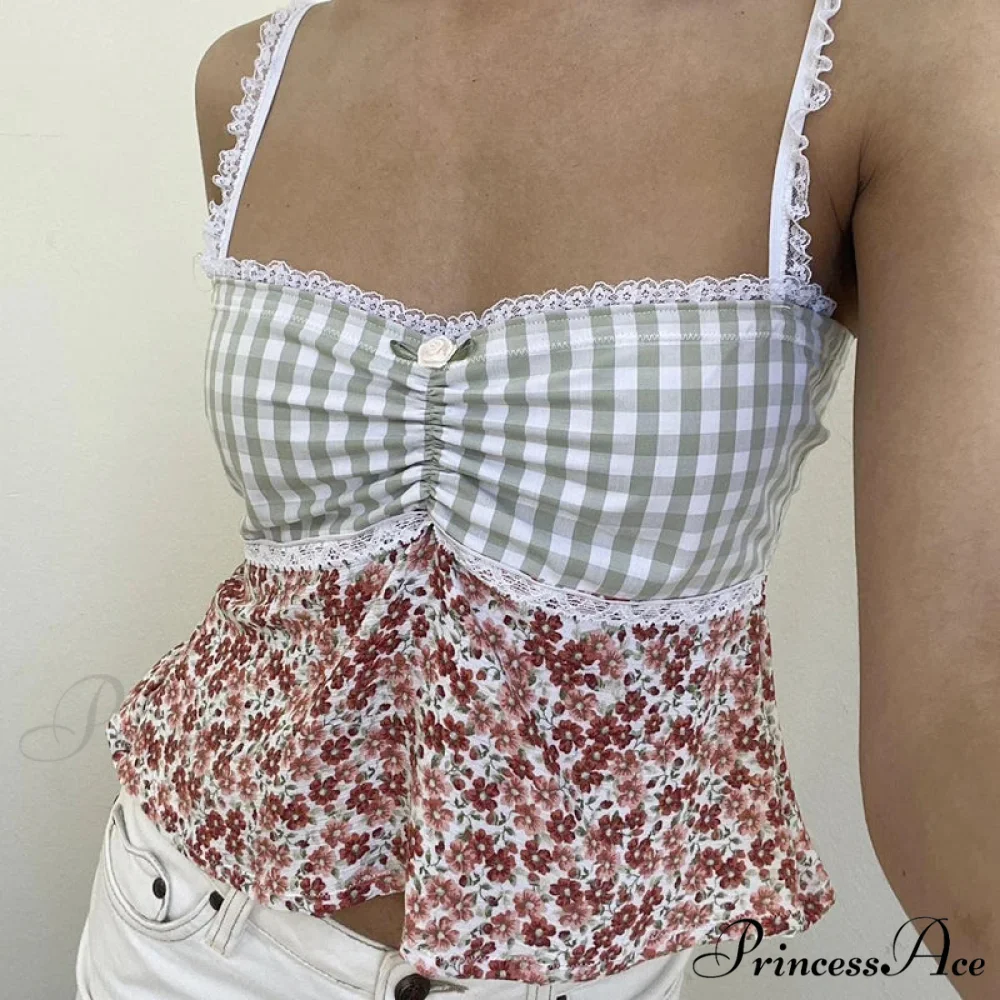 Y2K Lace Trim Checkered Floral Sleeveless Crop Top - Image 4
