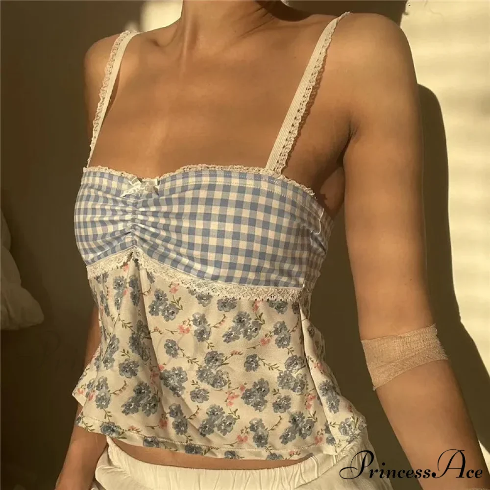 Y2K Lace Trim Checkered Floral Sleeveless Crop Top - Image 5