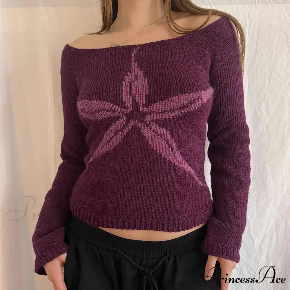 Y2K Off Shoulder Ribbon Graphic Pullover Knit Top - Image 2