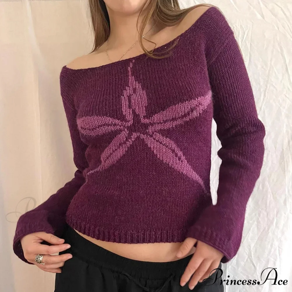 Y2K Off Shoulder Ribbon Graphic Pullover Knit Top - Image 3