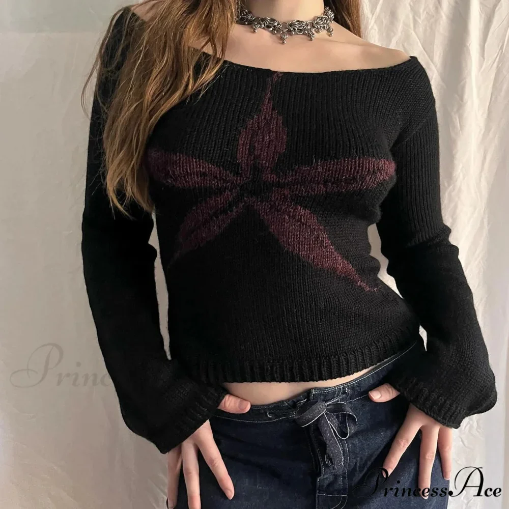 Y2K Off Shoulder Ribbon Graphic Pullover Knit Top - Image 4