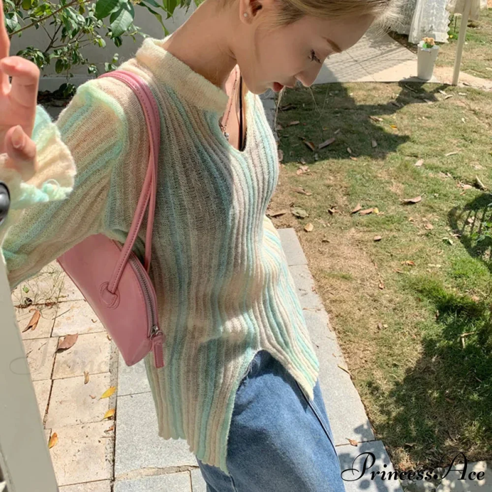 Y2K Retro Long Sleeve Vertical Stripe Print Knit Top - Image 2