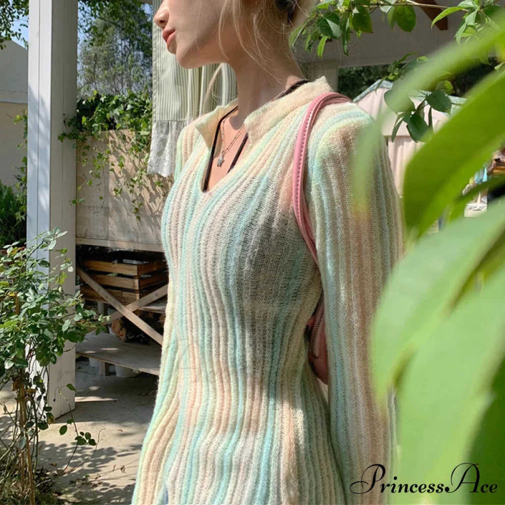 Y2K Retro Long Sleeve Vertical Stripe Print Knit Top - Image 3