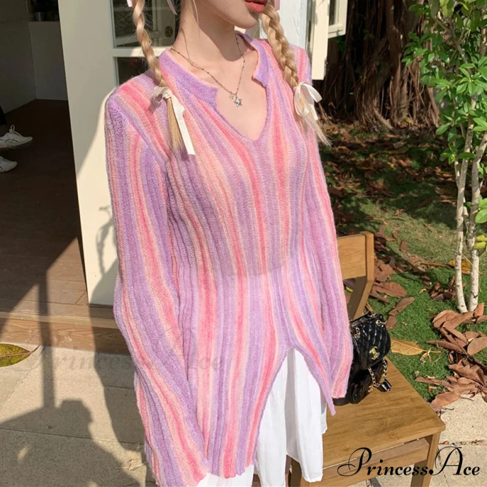 Y2K Retro Long Sleeve Vertical Stripe Print Knit Top - Image 4