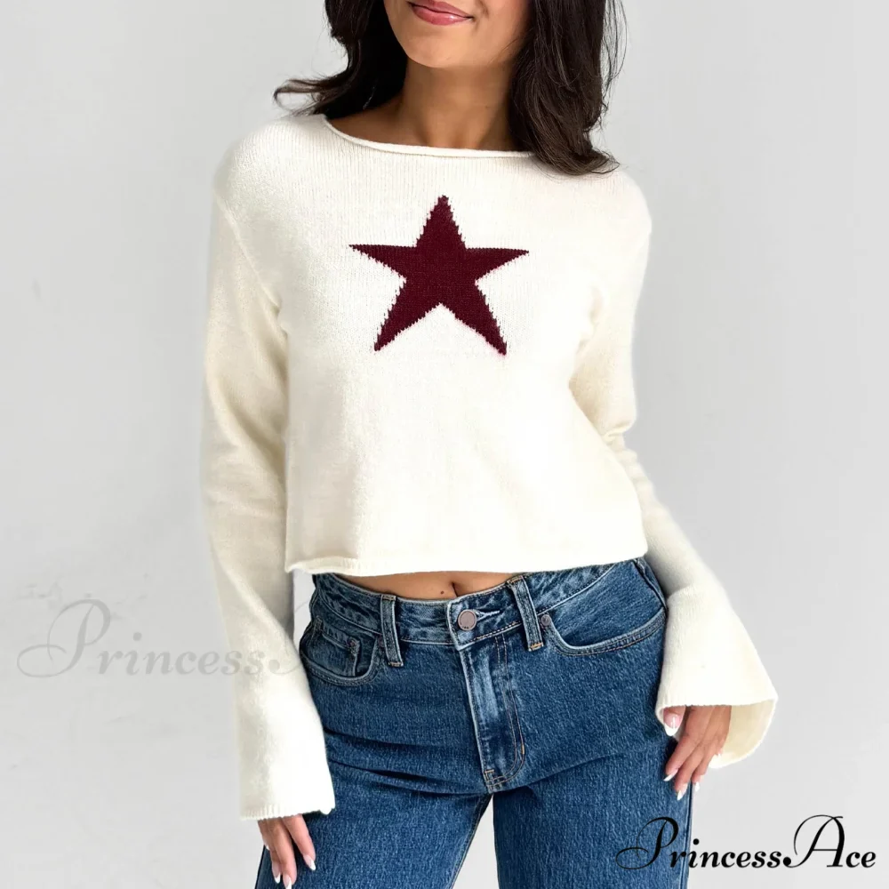 Y2K Star Print Airy Crewneck Cropped Knit Pullover Top - Image 2