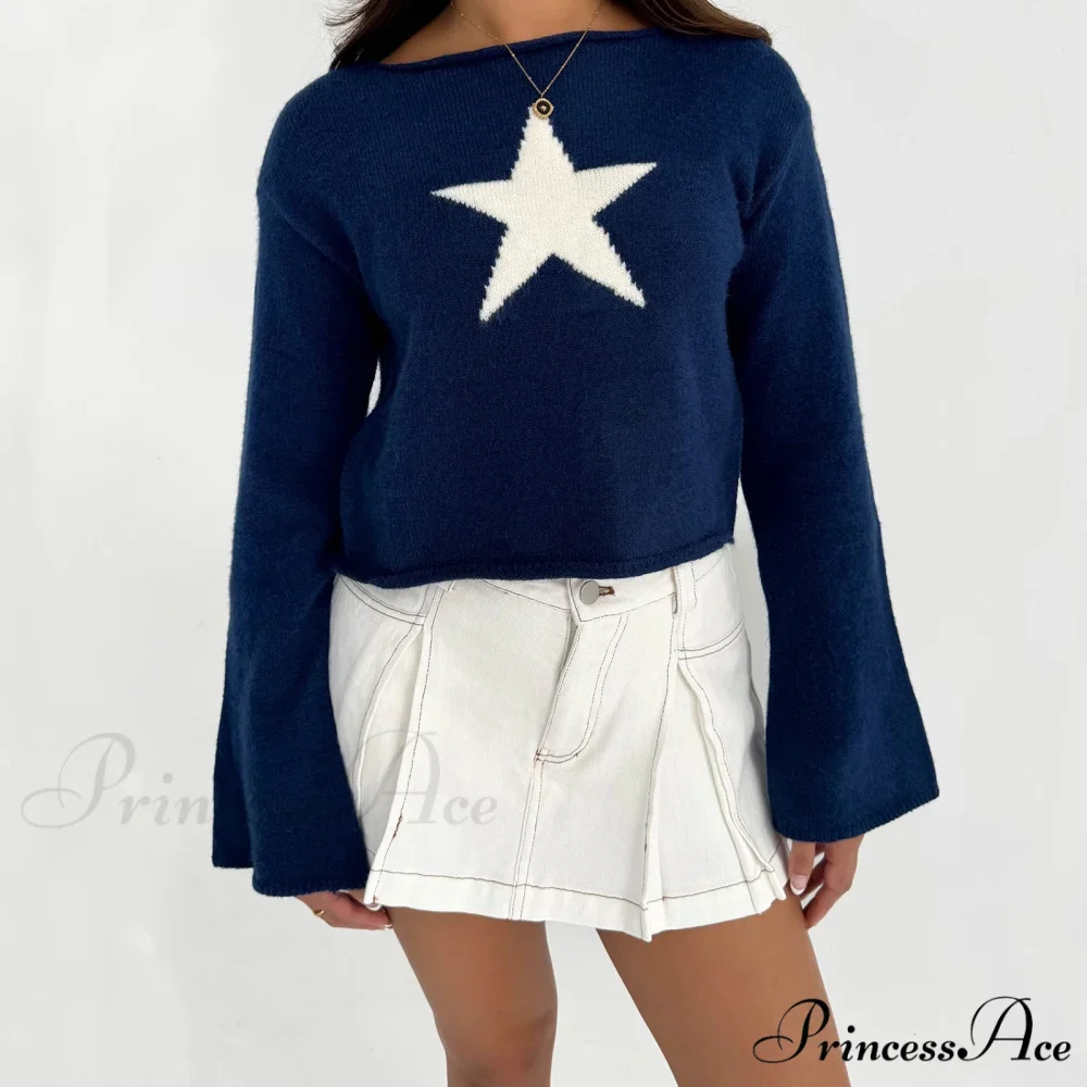 Y2K Star Print Airy Crewneck Cropped Knit Pullover Top - Image 4