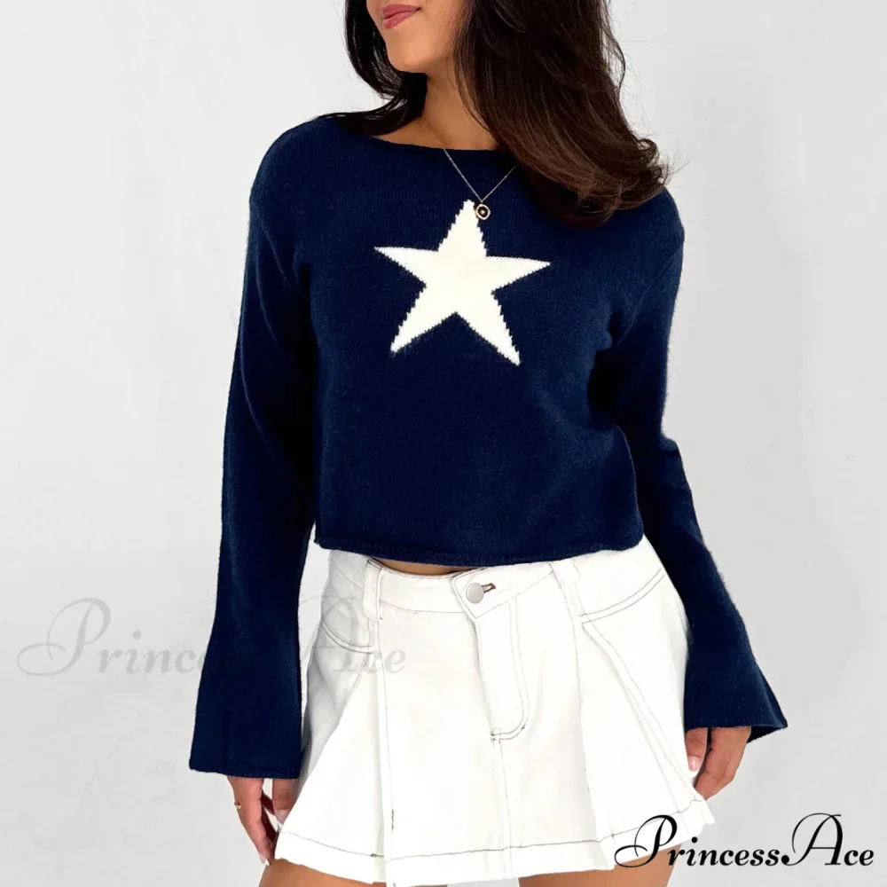 Y2K Star Print Airy Crewneck Cropped Knit Pullover Top - Image 5